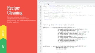 WHYR?WHY
Recipe:
Cleaning
Here we remove numbers,
capitalisation, common words,
punctuation, and otherwise prepare the
text for analysis.
 