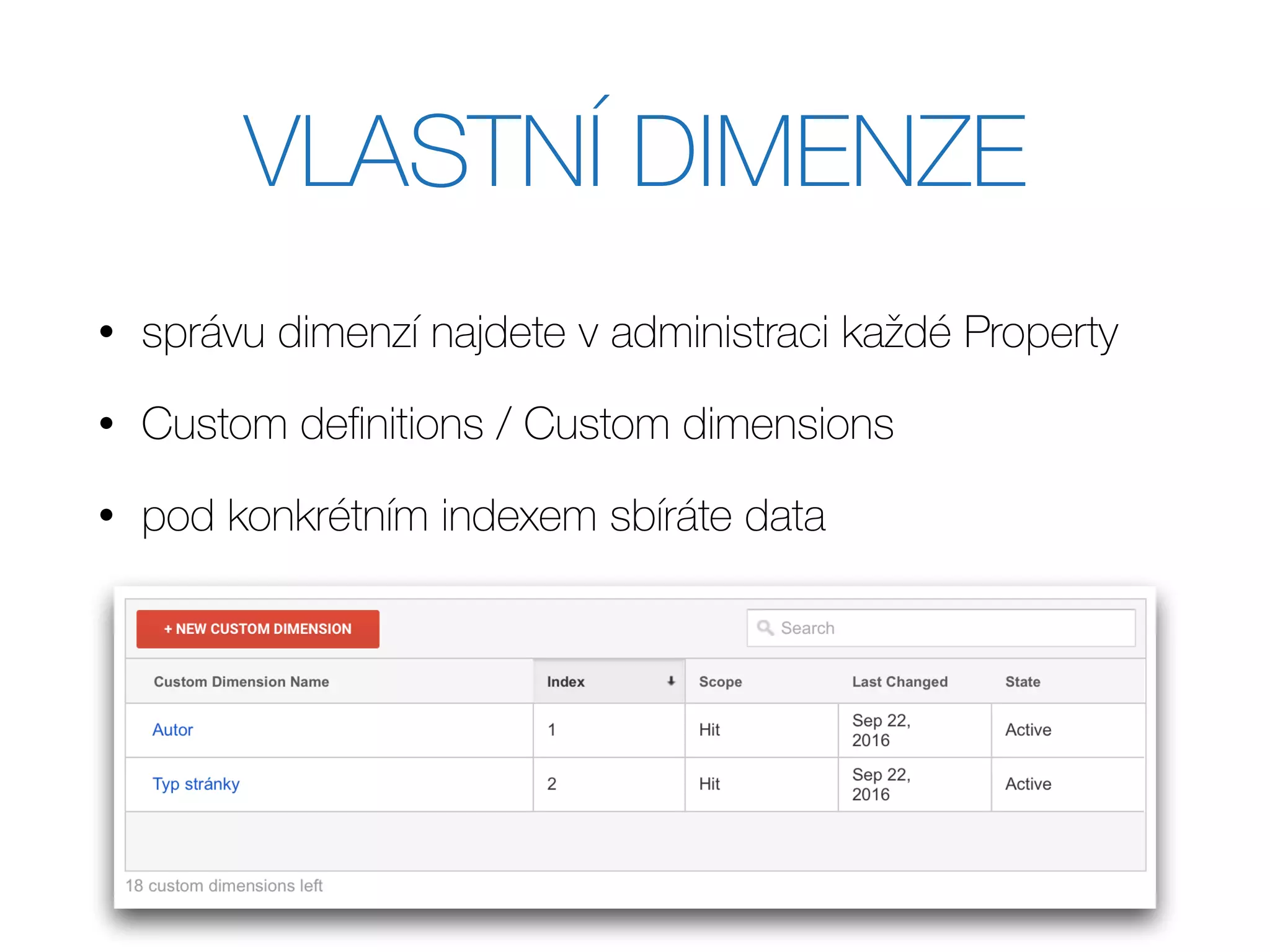 VLASTNÍ DIMENZE
• správu dimenzí najdete v administraci každé Property
• Custom deﬁnitions / Custom dimensions
• pod konkrétním indexem sbíráte data
 