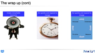 The wrap up (cont)
Create remarkable
moments
Act quickly and respond to
change
Act quickly and respond to
change
Understand
MeasureFix & Act
Advocate
 