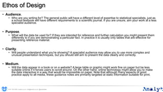 Ethos of Design
• Audience.
• Who are you writing for? The general public will have a different level of expertise to statistical specialists, just as
a school textbook will have different requirements to a scientific journal. If you are unsure, aim your work at a less
specialist audience.
• Purpose.
• What will the data be used for? If they are intended for reference and further calculation you might present them
differently to if you are demonstrating a particular fact. In practice it is usually only tables that are effective for
presenting reference material.
• Clarity.
• Will people understand what you're showing? A specialist audience may allow you to use more complex and
unusual presentation techniques, but you should still aim to present the data clearly and correctly.
• Medium.
• Will the data appear in a book or on a website? A large table or graphic might work fine on paper but be less
suitable online if it forces users to scroll around. On the other hand, online technology might allow you to make
the data interactive in a way that would be impossible on paper. Note that although many aspects of good
practice apply to all media, these guidance notes are primarily targeted at static information suitable for print.
0191 704 2045 | analyt.co.uk | info@analyt.co.uk | @analytdata
 