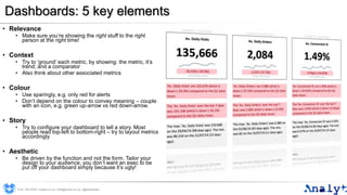 Dashboards: 5 key elements
• Relevance
• Make sure you’re showing the right stuff to the right
person at the right time!
• Context
• Try to ‘ground’ each metric, by showing: the metric, it’s
trend; and a comparator
• Also think about other associated metrics
• Colour
• Use sparingly, e.g. only red for alerts
• Don’t depend on the colour to convey meaning – couple
with an icon, e.g. green up-arrow vs red down-arrow.
• Story
• Try to configure your dashboard to tell a story. Most
people read top-left to bottom-right – try to layout metrics
accordingly
• Aesthetic
• Be driven by the function and not the form. Tailor your
design to your audience, you don’t want an exec to be
put off your dashboard simply because it’s ugly!
0191 704 2045 | analyt.co.uk | info@analyt.co.uk | @analytdata
 