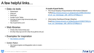 A few helpful links…
• Data vis tools
• Datawrapper
• Infogr.am
• PiktoChart
• Google Fusion Tables
• Visumap & Ggobi (High-dimensionality data
visualisation)
• http://supermetrics.com/
• Web libraries
• Chartjs (http://www.chartjs.org/)
• D3 (http://d3js.org/) and DC (http://dc-js.github.io/dc.js/)
• Examples for inspiration
• http://dadaviz.com/i/851
• Golden Ration
• http://www.hongkiat.com/blog/golden-ratio-in-moden-
designs/
0191 704 2045 | analyt.co.uk | info@analyt.co.uk | @analytdata
A couple of great books:
• The Visual Display of Quantitative Information (Edward
Tufte)http://www.amazon.co.uk/gp/product/0961392142/r
ef=oh_aui_detailpage_o06_s00?ie=UTF8&psc=1
• Information Dashboard Design (Stephen
Few)http://www.amazon.co.uk/gp/product/1938377001/re
f=oh_aui_detailpage_o06_s00?ie=UTF8&psc=1
 