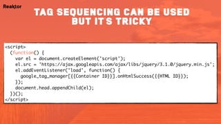 <script>
(function() {
var el = document.createElement('script');
el.src = 'https://ajax.googleapis.com/ajax/libs/jquery/3.1.0/jquery.min.js';
el.addEventListener('load', function() {
google_tag_manager[{{Container ID}}].onHtmlSuccess({{HTML ID}});
});
document.head.appendChild(el);
})();
</script>
tag sequencing can be used
but it’s tricky
 