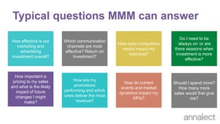 Typical questions MMM can answer
How effective is our
marketing and
advertising
investment overall?
How important is
pricing to my sales
and what is the likely
impact of future
changes I might
make?
Do I need to be
‘always on’ or are
there seasons when
investment is more
effective?
How are my
promotions
performing and which
ones deliver the most
revenue?
Which communication
channels are most
effective? Return on
Investment?
How do current
events and market
dynamics impact my
KPIs?
How does competitive
media impact my
business?
Should I spend more?
How many more
sales would that give
me?
 