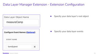 26Proprietary & Conﬁdential
● Specify your data layer’s root object
Data Layer Manager Extension - Extension Conﬁguration
...