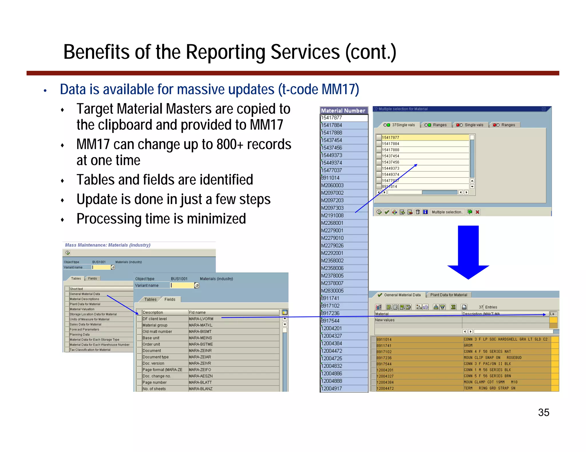 Benefits of the Reporting Services (cont.)
•   Data is available for massive updates (t-code MM17)
      Target Material Masters are copied to
      the clipboard and provided to MM17
      MM17 can change up to 800+ records
      at one time
      Tables and fields are identified
      Update is done in just a few steps
      Processing time is minimized




                                                          35
 