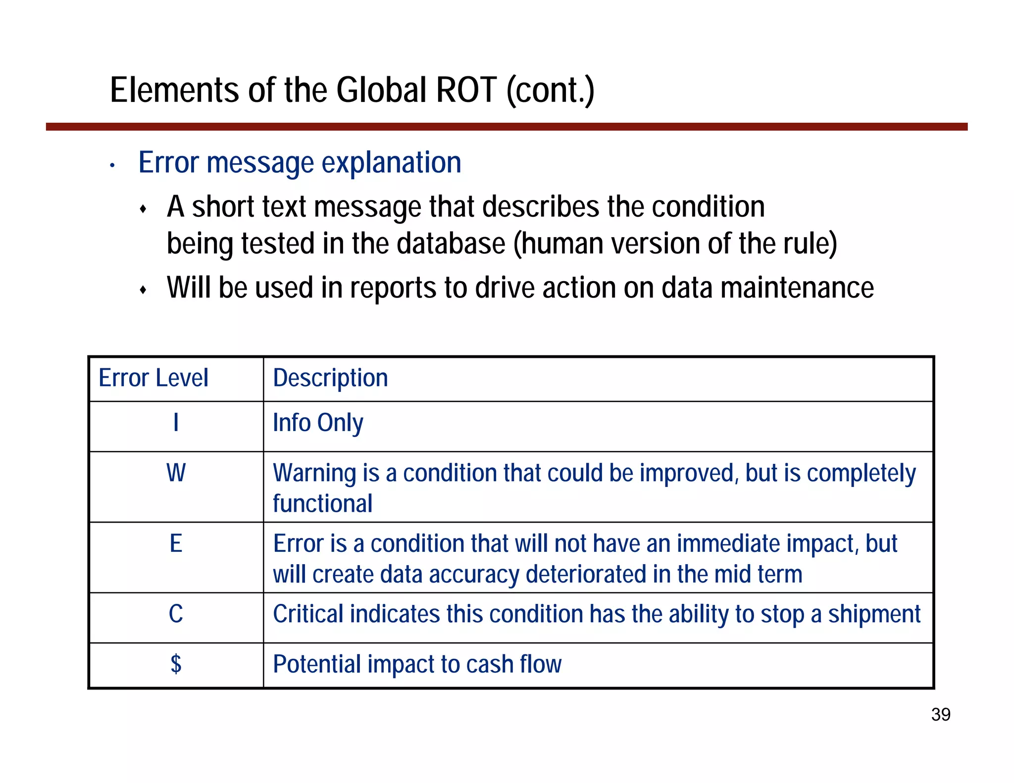 Elements of the Global ROT (cont.)
 •   Error message explanation
       A short text message that describes the condition
       being tested in the database (human version of the rule)
       Will be used in reports to drive action on data maintenance

Error Level     Description
       I        Info Only
       W        Warning is a condition that could be improved, but is completely
                functional
       E        Error is a condition that will not have an immediate impact, but
                will create data accuracy deteriorated in the mid term
       C        Critical indicates this condition has the ability to stop a shipment
       $        Potential impact to cash flow
                                                                                       39
 