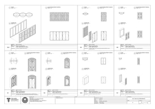 DIMENSION REFER TO DIAGRAM
QTY
MATERIAL
WINDOW TYPE
W1
DESCRIPTION
WINDOW - TIMBER, GREEN PAINT
FRAME - TIMBER, WHITE PAINT
DIMENSION REFER TO DIAGRAM
QTY
MATERIAL
W2
DESCRIPTION
WINDOW - TIMBER, GREEN PAINT
FRAME - TIMBER, WHITE PAINT
DIMENSION REFER TO DIAGRAM
QTY
MATERIAL
W5
DESCRIPTION
DIMENSION REFER TO DIAGRAM
QTY
MATERIAL
WINDOW TYPE
W6
DESCRIPTION
DIMENSION REFER TO DIAGRAM
QTY
MATERIAL
WINDOW TYPE
W7
DESCRIPTION
DIMENSION REFER TO DIAGRAM
QTY
MATERIAL
WINDOW TYPE
W22
DESCRIPTION
WINDOW - TIMBER, BROWN PAINT; GLASS
FRAME - TIMBER, BROWN PAINT; ALUMINIUM
DIMENSION REFER TO DIAGRAM
QTY
MATERIAL
DESCRIPTION
28
DOUBLE LEAF, SINGLE ACTION
LOCATED AT FIRST FLOOR, MUSEUM MAIN ENTRANCE (1), WEDDING HALL (2),
YTM TUNKU ABDUL RAHMAN PUTRA'S ROOM (4) AND BEDROOM - BILIK BERADU (5)
WINDOW - TIMBER, GREEN PAINT
FRAME - TIMBER, WHITE PAINT
WINDOW - TIMBER, GREEN PAINT
FRAME - CONCRETE, WHITE PAINT
44
2
DOUBLE LEAF, SINGLE ACTION
WINDOW - TIMBER, GREEN PAINT
FRAME - CONCRETE, WHITE PAINT
2
DOUBLE LEAF, SINGLE ACTION
LOCATED AT GROUND FLOOR, OFFICE (1)
2
LOCATED AT FIRST FLOOR, MUSEUM MAIN ENTRANCE (1)
LOCATED AT FIRST FLOOR, PRAYER ROOM (EXHIBITION PURPOSE) (10) AND
EXHIBITION AREA (11)
DOUBLE LEAF, SINGLE ACTION
LOCATED AT FIRST FLOOR, ADJACENT TO EXHIBITION AREA (11)
LOCATED AT FIRST FLOOR, ADJACENT TO EXHIBITION AREA (11)
WINDOW TYPE DOUBLE LEAF, SINGLE ACTION
WINDOW TYPE DOUBLE LEAF, SINGLE ACTION
QTY
WINDOW TYPE
W23
WINDOW - TIMBER, BROWN PAINT; GLASS
FRAME - TIMBER, BROWN PAINT; ALUMINIUM
DOUBLE LEAF, SINGLE ACTION
LOCATED AT GROUND FLOOR, OFFICE (1)
2
STARTING DATE
DATE
SCALE
CHECKED BY
PROJECT TITLE
MEASURED BY
DRAWN BY
ARC 1215
METHODS OF DOCUMENTATION AND
MEASURED DRAWING ON
ROYAL MUSEUM KEDAH, LOT 82, SEKSYEN 16
ALOR STAR, KOTA SETAR, KEDAH
DRAWING TITLE NOTE DRAWING NO.
ISSUE SHEET NO.
WINDOW DETAILS 1
2017/ ARC1215/ RMUZKEDAH
E 27
31
20.01.2017
06.03.2017
1 : 25
LIM SHEN, TRM'S MEMBER
MR. KHAIROOL
TRM'S MEMBER
SCALE 1 : 25
PLAN
01 SCALE 1 : 25
ELEVATION (FRONT & BACK)
02
SCALE 1 : 25
ISOMETRIC
03
SCALE 1 : 25
PLAN
01 SCALE 1 : 25
ELEVATION (FRONT & BACK)
02
SCALE 1 : 25
ISOMETRIC
03
SCALE 1 : 25
PLAN
01 SCALE 1 : 25
ELEVATION (FRONT & BACK)
02
SCALE 1 : 25
ISOMETRIC
03
SCALE 1 : 25
PLAN
01 SCALE 1 : 25
ELEVATION (FRONT & BACK)
02
SCALE 1 : 25
ISOMETRIC
03
SCALE 1 : 25
PLAN
01 SCALE 1 : 25
ELEVATION (FRONT & BACK)
02
SCALE 1 : 25
ISOMETRIC
03
SCALE 1 : 25
PLAN
01 SCALE 1 : 25
ELEVATION (FRONT & BACK)
02
SCALE 1 : 25
ISOMETRIC
03
SCALE 1 : 25
PLAN
01
SCALE 1 : 25
ISOMETRIC
03
SCALE 1 : 25
ELEVATION (FRONT & BACK)
02
 