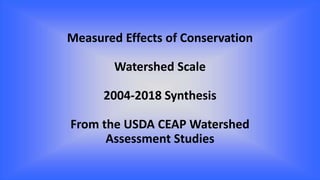Measured Effects of Conservation
Watershed Scale
2004-2018 Synthesis
From the USDA CEAP Watershed
Assessment Studies
 