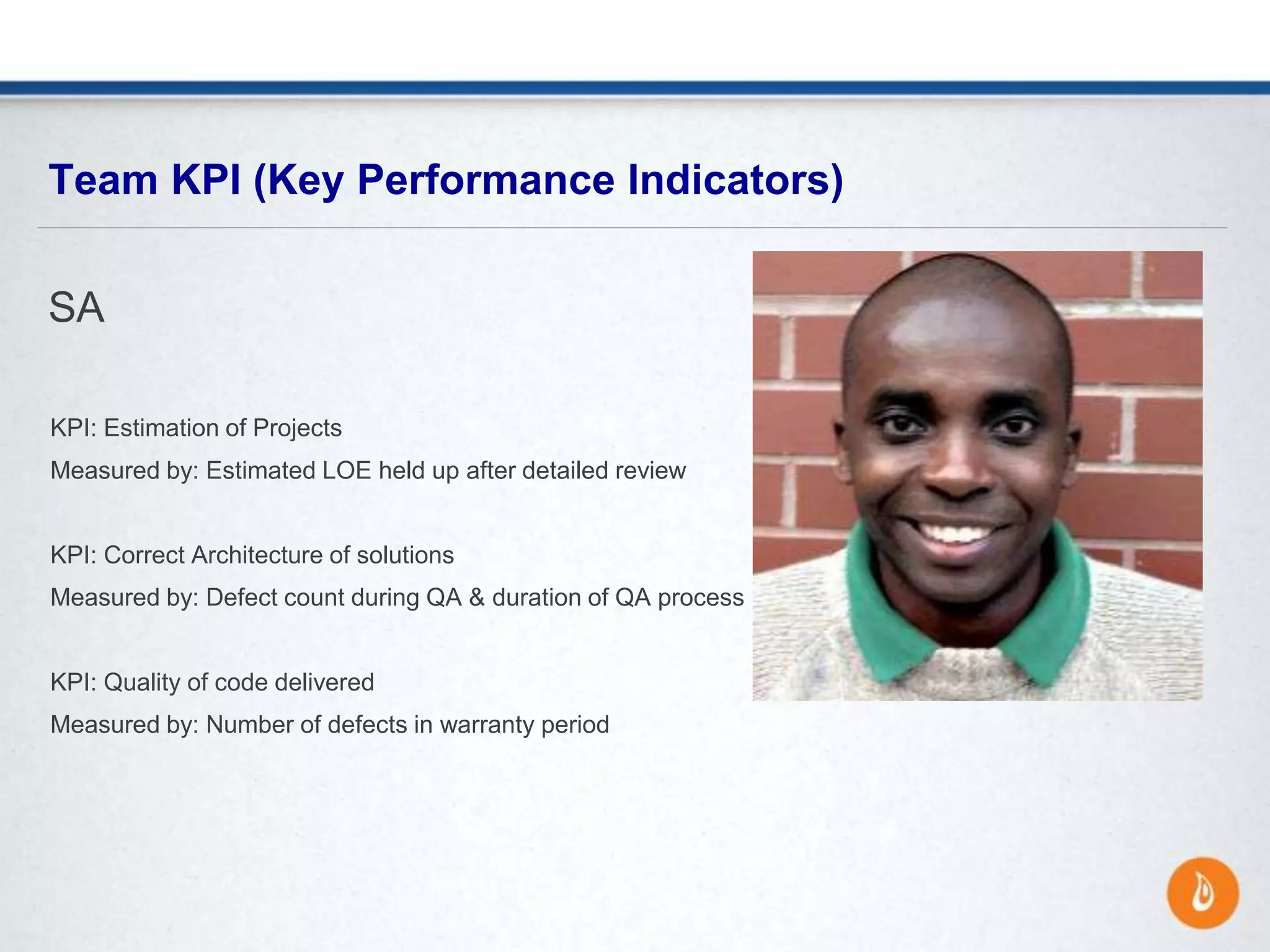 KPI: Estimation of Projects
Measured by: Estimated LOE held up after detailed review
KPI: Correct Architecture of solutions
Measured by: Defect count during QA & duration of QA process
KPI: Quality of code delivered
Measured by: Number of defects in warranty period
Team KPI (Key Performance Indicators)
SA
 