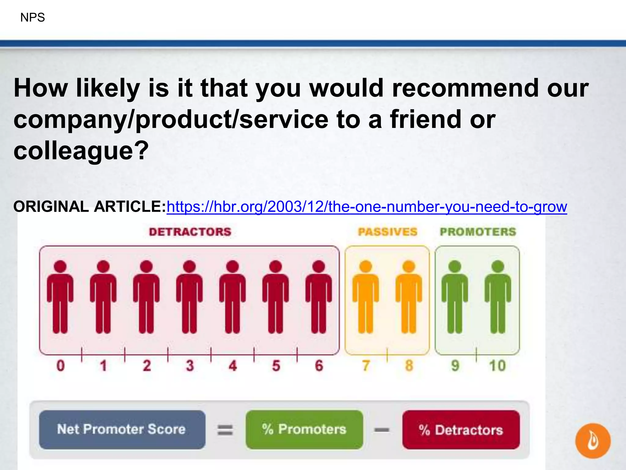NPS
How likely is it that you would recommend our
company/product/service to a friend or
colleague?
ORIGINAL ARTICLE:https://hbr.org/2003/12/the-one-number-you-need-to-grow
 