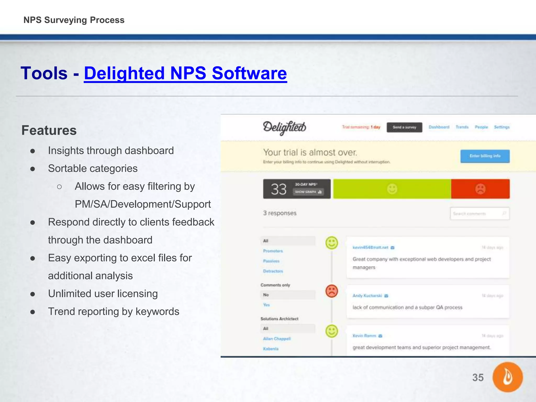 Features
● Insights through dashboard
● Sortable categories
○ Allows for easy filtering by
PM/SA/Development/Support
● Respond directly to clients feedback
through the dashboard
● Easy exporting to excel files for
additional analysis
● Unlimited user licensing
● Trend reporting by keywords
Tools - Delighted NPS Software
35
NPS Surveying Process
 