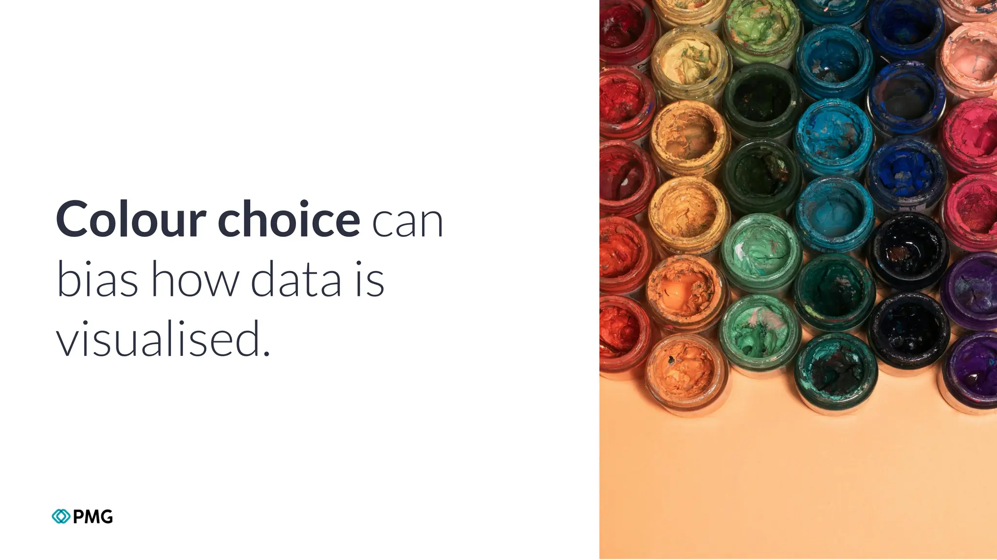 Copyright 2024 PMG Worldwide LLC. All rights Reserved
37
Colour choice can
bias how data is
visualised.
 