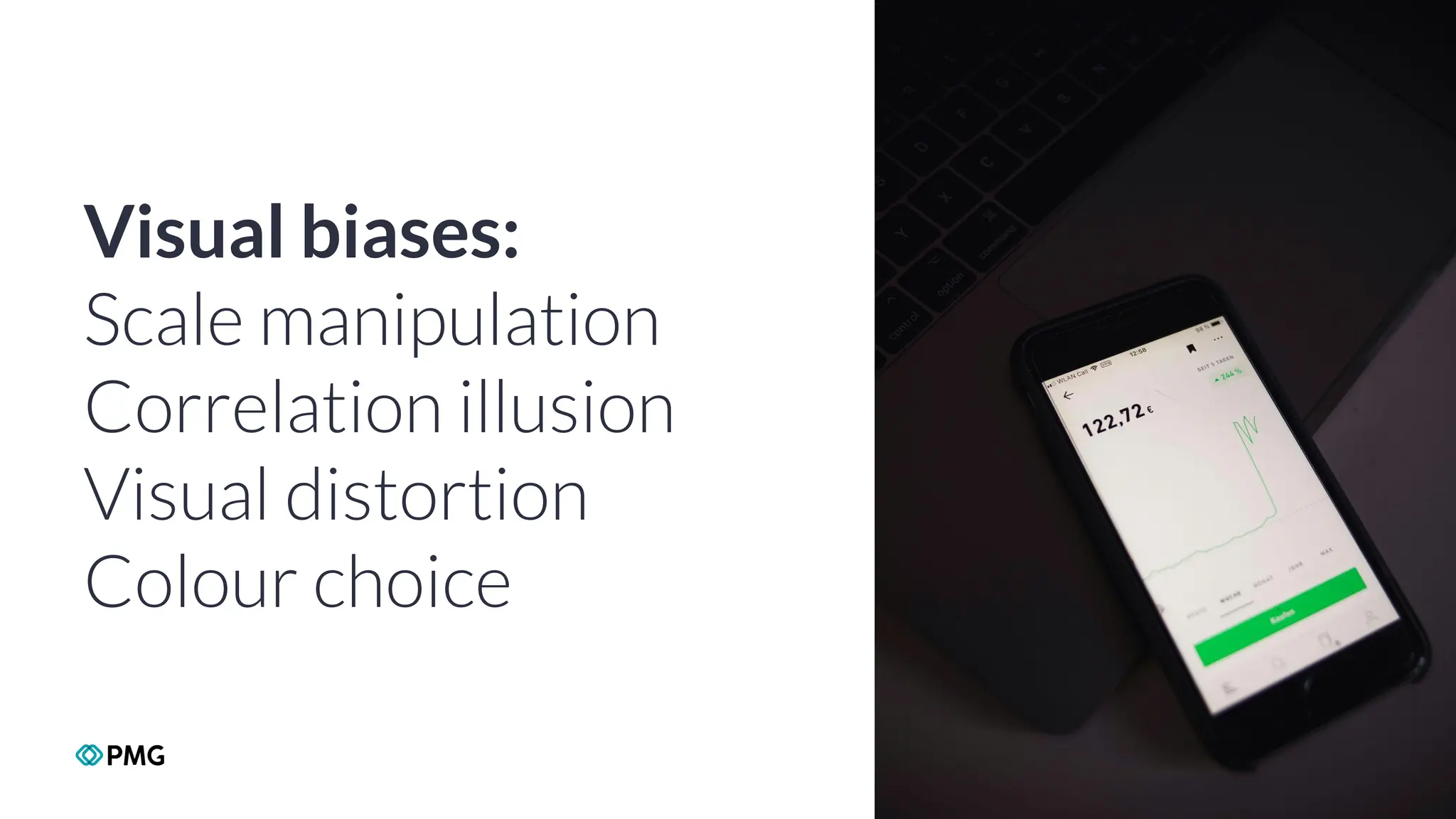 Copyright 2024 PMG Worldwide LLC. All rights Reserved
49
Visual biases:
Scale manipulation
Correlation illusion
Visual distortion
Colour choice
 
