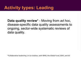 Activity types: Leading
Data quality review* - Moving from ad hoc,
disease-specific data quality assessments to
ongoing, sector-wide systematic reviews of
data quality.
*Collaborative leadership, or co-creation, with WHO, the Global Fund, GAVI, and JSI