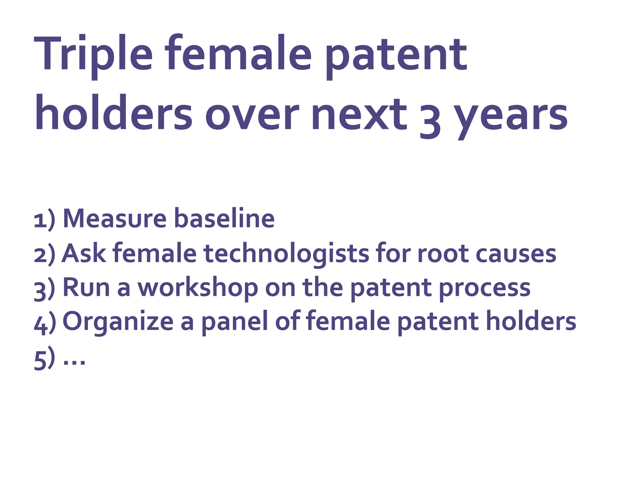 Triple	
  female	
  patent	
  
holders	
  over	
  next	
  3	
  years	
  
	
  
1)	
  Measure	
  baseline	
  
2)	
  Ask	
  female	
  technologists	
  for	
  root	
  causes	
  
3)	
  Run	
  a	
  workshop	
  on	
  the	
  patent	
  process	
  
4)	
  Organize	
  a	
  panel	
  of	
  female	
  patent	
  holders	
  
5)	
  …	
  	
  
 