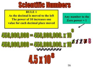16
RULE 1
As the decimal is moved to the left
The power of 10 increases one
value for each decimal place moved
Any number to the
Zero power = 1
 