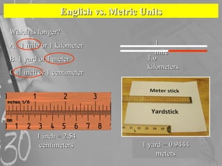 English vs. Metric Units Which is longer?  A.  1 mile or 1 kilometer B. 1 yard or 1 meter C. 1 inch or 1 centimeter 1.6 ki...