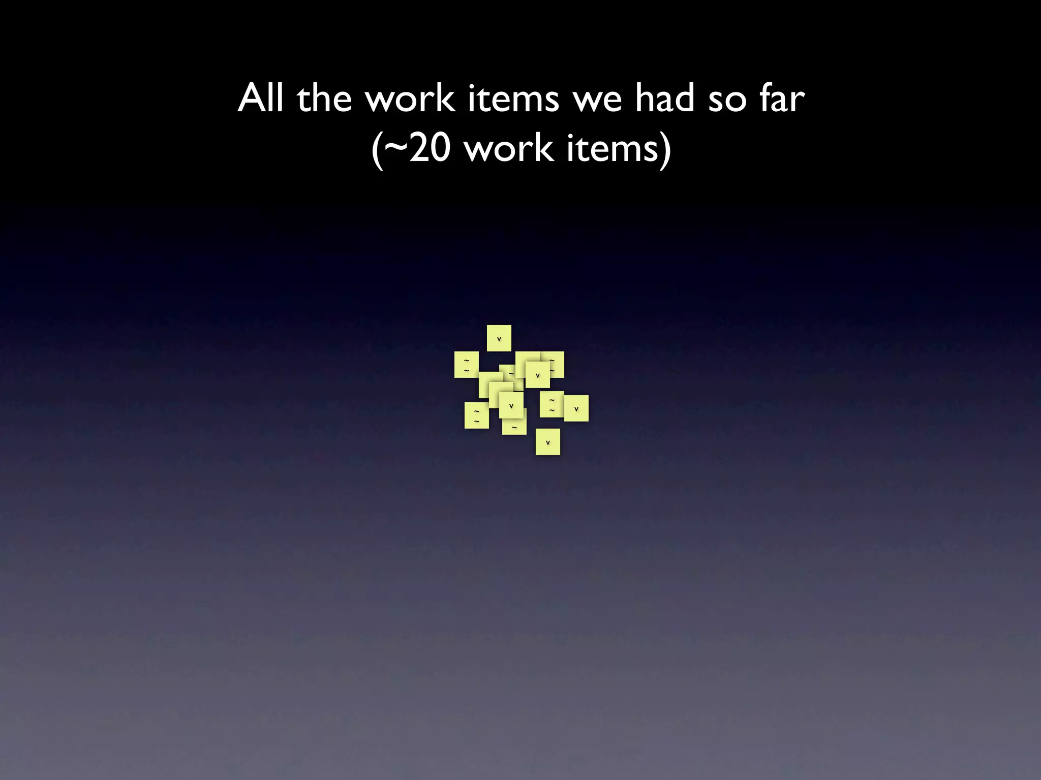 All the work items we had so far
        (~20 work items)



                        v

            ~                    v       ~
            ~               ~        v   ~
                    v       ~
                        v
                                         ~
                            v                v
                ~                        ~
                ~            ~
                             ~
                                         v
 