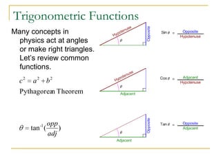 Trigonometric Functions
Many concepts in
  physics act at angles
  or make right triangles.
  Let’s review common
  functions.
  c2 a2 b2
  Pythagorean Theorem



         -1 opp
      tan (     )
            adj
 