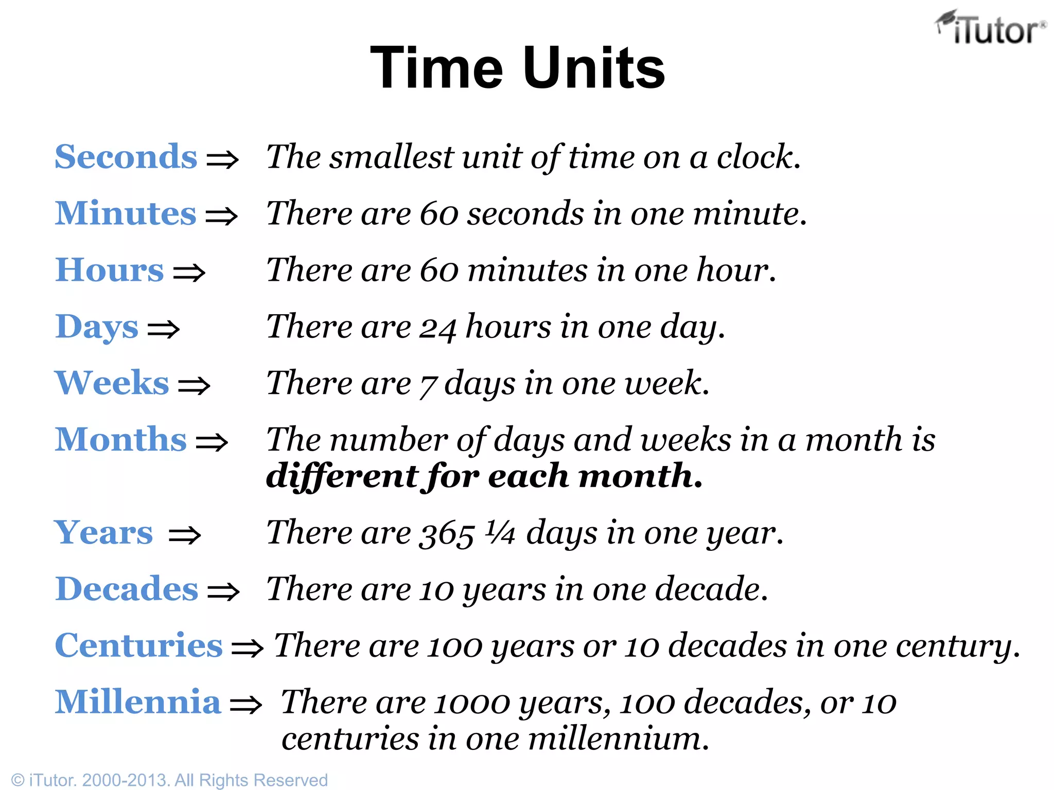 Time Units
Seconds  The smallest unit of time on a clock.
Minutes  There are 60 seconds in one minute.
Hours  There are 60 minutes in one hour.
Days  There are 24 hours in one day.
Weeks  There are 7 days in one week.
Months  The number of days and weeks in a month is
different for each month.
Years  There are 365 ¼ days in one year.
Decades  There are 10 years in one decade.
Centuries  There are 100 years or 10 decades in one century.
Millennia  There are 1000 years, 100 decades, or 10
centuries in one millennium.
© iTutor. 2000-2013. All Rights Reserved
 