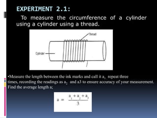 EXPERIMENT 2.1:
To measure the circumference of a cylinder
using a cylinder using a thread.
•Measure the length between the ink marks and call it a1 . repeat three
times, recording the readings as a2 and a3 to ensure accuracy of your measurement.
Find the average length a;
 