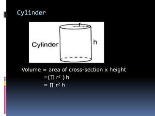Cylinder
Volume = area of cross-section x height
=(∏ r2 ) h
= ∏ r2 h
 