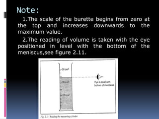 Note:
1.The scale of the burette begins from zero at
the top and increases downwards to the
maximum value.
2.The reading of volume is taken with the eye
positioned in level with the bottom of the
meniscus,see figure 2.11.
 