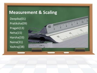 Measurement & Scaling
Deepika(01)
Pratiksha(09)
Pragati(13)
Neha(15)
Harsha(33)
Naina(31)
Yashraj(38)
 