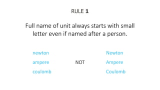 RULE 1
Full name of unit always starts with small
letter even if named after a person.
newton
ampere
coulomb
NOT
Newton
Ampere
Coulomb
 