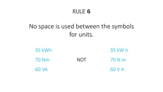 RULE 6
No space is used between the symbols
for units.
35 kWh
70 Nm
60 VA
NOT
35 kW h
70 N m
60 V A
 