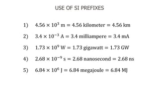 USE OF SI PREFIXES
1) 4.56 × 103
m = 4.56 kilometer = 4.56 km
2) 3.4 × 10−3
A = 3.4 milliampere = 3.4 mA
3) 1.73 × 109
W = 1.73 gigawatt = 1.73 GW
4) 2.68 × 10−9
s = 2.68 nanosecond = 2.68 ns
5) 6.84 × 106
J = 6.84 megajoule = 6.84 MJ
 