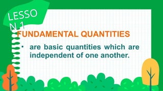 FUNDAMENTAL QUANTITIES
• are basic quantities which are
independent of one another.
LESSO
N 1
LESSO
N 1
 