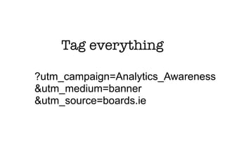 Tag everything

?utm_campaign=Analytics_Awareness
&utm_medium=banner
&utm_source=boards.ie
 