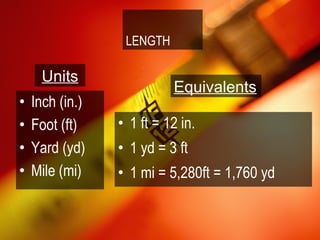 LENGTH

     Units
                           Equivalents
•   Inch (in.)
•   Foot (ft)    • 1 ft = 12 in.
•   Yard (yd)    • 1 yd = 3 ft
•   Mile (mi)    • 1 mi = 5,280ft = 1,760 yd
 