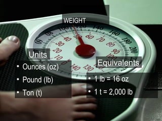 WEIGHT




   Units
• Ounces (oz)               Equivalents

• Pound (lb)             • 1 lb = 16 oz
• Ton (t)                • 1 t = 2,000 lb
 