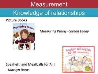 Measurement
Knowledge of relationships
Picture Books
Measuring Penny -Loreen Leedy
Spaghetti and Meatballs for All!
- Marilyn Burns
 