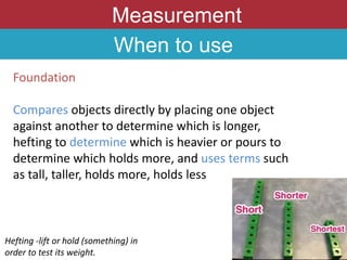 Measurement
When to use
Foundation
Compares objects directly by placing one object
against another to determine which is longer,
hefting to determine which is heavier or pours to
determine which holds more, and uses terms such
as tall, taller, holds more, holds less
Hefting -lift or hold (something) in
order to test its weight.
 