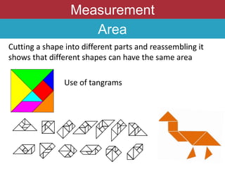 Measurement
Area
Cutting a shape into different parts and reassembling it
shows that different shapes can have the same area
Use of tangrams
 