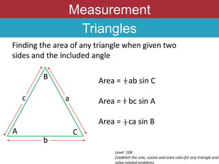 Measurement
Triangles
Finding the area of any triangle when given two
sides and the included angle
Level 10A
Establish the sine, cosine and area rules for any triangle and
solve related problems
Area = ab sin C
Area = bc sin A
Area = ca sin B
A
c
b
a
C
B
 