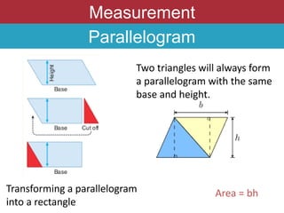 Measurement
Parallelogram
Two triangles will always form
a parallelogram with the same
base and height.
Transforming a parallelogram
into a rectangle
Area = bh
 