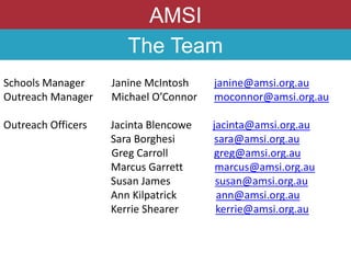 AMSI
The Team
Schools Manager Janine McIntosh janine@amsi.org.au
Outreach Manager Michael O’Connor moconnor@amsi.org.au
Outreach Officers Jacinta Blencowe jacinta@amsi.org.au
Sara Borghesi sara@amsi.org.au
Greg Carroll greg@amsi.org.au
Marcus Garrett marcus@amsi.org.au
Susan James susan@amsi.org.au
Ann Kilpatrick ann@amsi.org.au
Kerrie Shearer kerrie@amsi.org.au
 