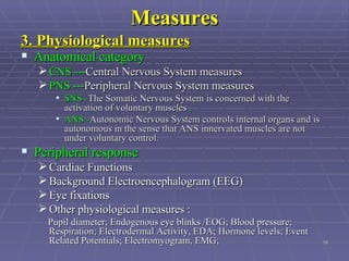 Measures 3. Physiological measures   Anatomical category   CNS --- Central Nervous System measures  PNS --- Peripheral Nervous System measures  SNS - The Somatic Nervous System is concerned with the activation of voluntary muscles  ,  ANS - Autonomic Nervous System controls internal organs and is autonomous in the sense that ANS innervated muscles are not under voluntary control.  Peripheral response Cardiac Functions  Background Electroencephalogram (EEG)  Eye fixations  Other physiological measures :  Pupil diameter; Endogenous eye blinks /EOG; Blood pressure; Respiration; Electrodermal Activity, EDA; Hormone levels; Event Related Potentials; Electromyogram, EMG;  