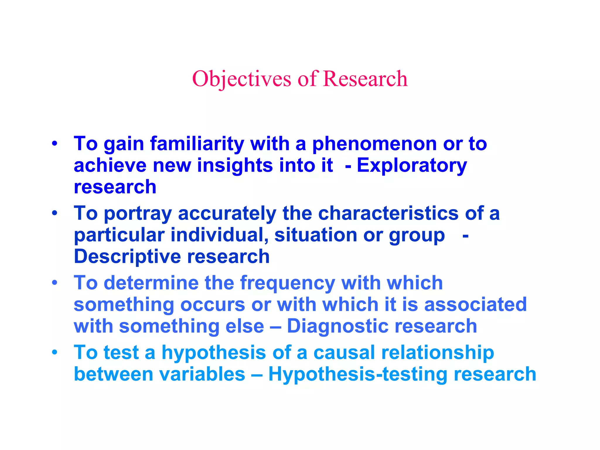 Objectives of Research
• To gain familiarity with a phenomenon or to
achieve new insights into it - Exploratory
research
• To portray accurately the characteristics of a
particular individual, situation or group -
Descriptive research
• To determine the frequency with which
something occurs or with which it is associated
with something else – Diagnostic research
• To test a hypothesis of a causal relationship
between variables – Hypothesis-testing research
 