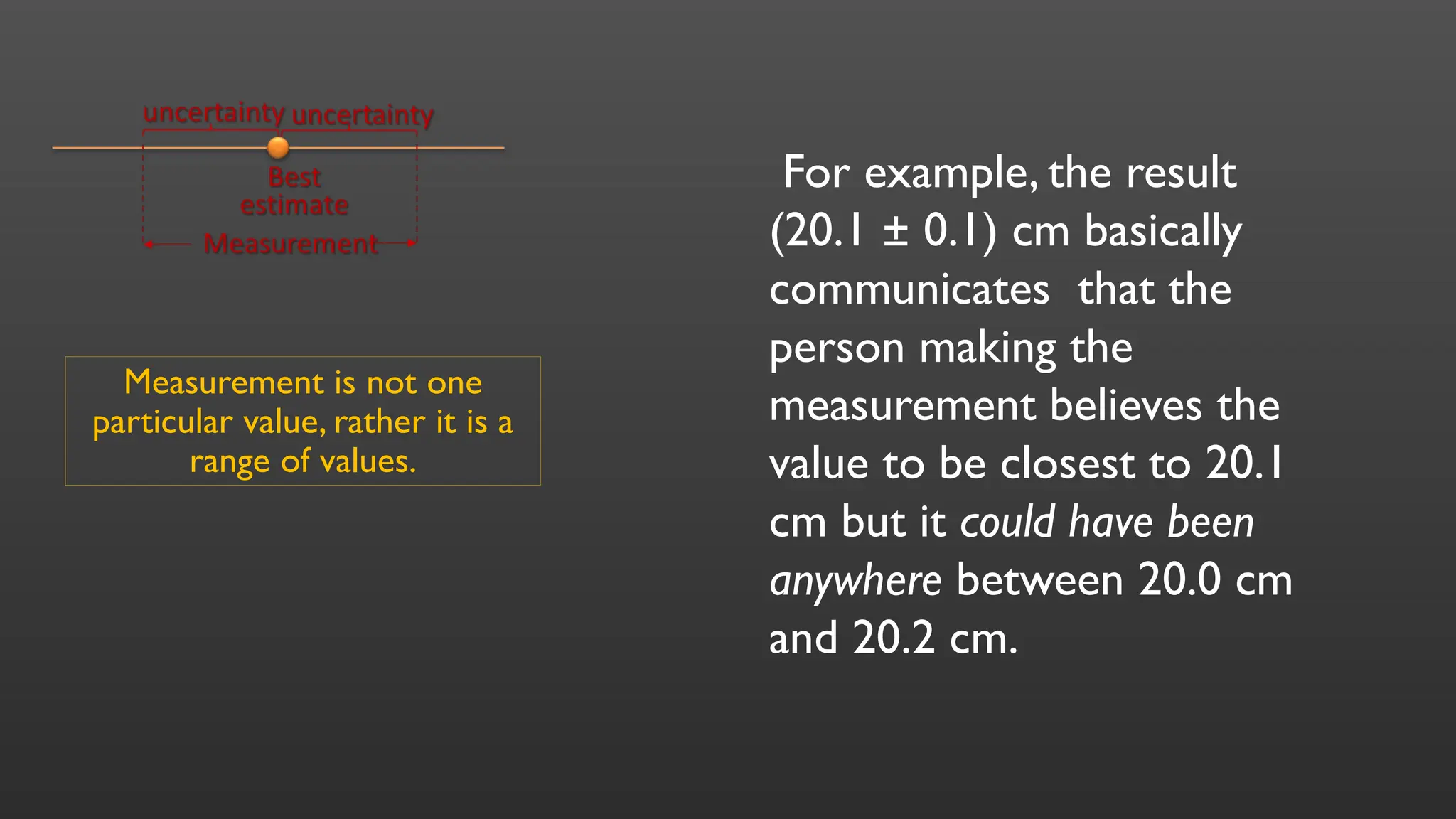 Measurement is not one
particular value, rather it is a
range of values.
For example, the result
(20.1 ± 0.1) cm basically
communicates that the
person making the
measurement believes the
value to be closest to 20.1
cm but it could have been
anywhere between 20.0 cm
and 20.2 cm.
 