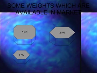 SOME WEIGHTS WHICH ARE AVAILABLE IN MARKET 5 KG 2 KG 1 KG 