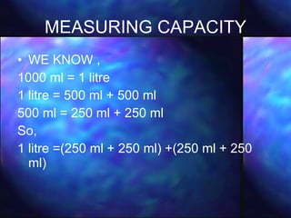 MEASURING CAPACITY WE KNOW ,  1000 ml = 1 litre 1 litre = 500 ml + 500 ml 500 ml = 250 ml + 250 ml So, 1 litre =(250 ml + 250 ml) +(250 ml + 250 ml) 