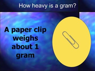 How heavy is a gram? A paper clip weighs about 1 gram 