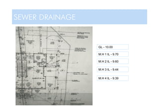 SEWER DRAINAGE
M.H 1 IL - 9.70
M.H 2 IL - 9.60
M.H 3 IL - 9.44
M.H 4 IL - 9.39
GL - 10.00
 