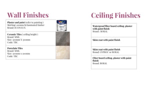 Ceiling Finishes
Waterproof fiber board ceiling, plaster
with paint finish
Brand : BORAL
Skim coat with paint finish
Skim coat with paint finish
Brand: GYPROC or BORAL
Fiber board ceiling, plaster with paint
finish
Brand: BORAL
Plaster and paint (refer to painting )
Skirting: 100mm ht laminated timber
Brand: ICI DULUX
Ceramic Tiles ( ceiling height )
Brand: MML
Size: 300mm X 300mm
Code: TBC
Porcelain Tiles
Brand: MML
Size: 300mm x 300mm
Code: TBC
Wall Finishes
 